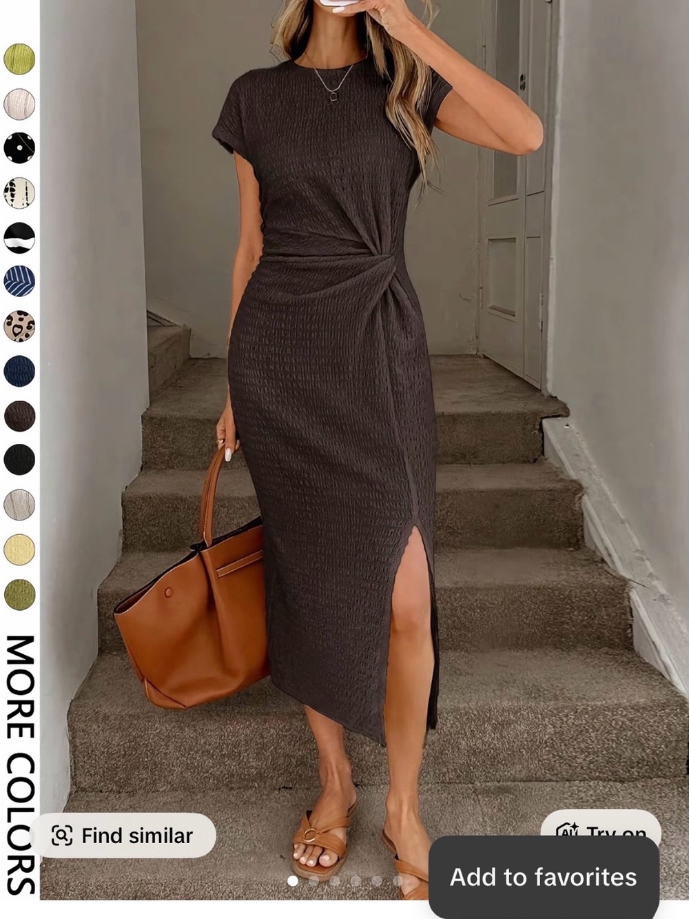 Knot-Detail Short Sleeve Midi Dress in Dark Brown